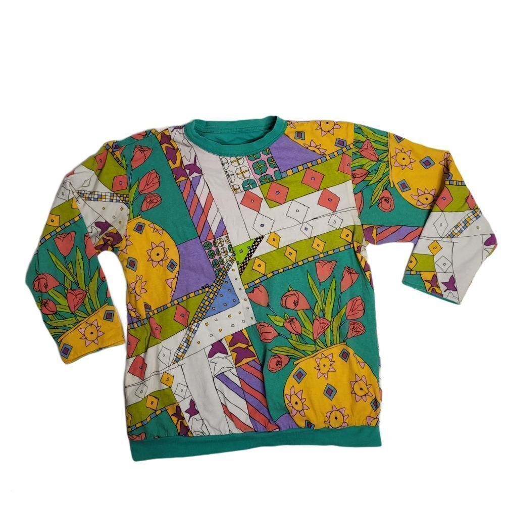 VINTAGE 80s Ken Done reversible floral long sleeve‎ top M